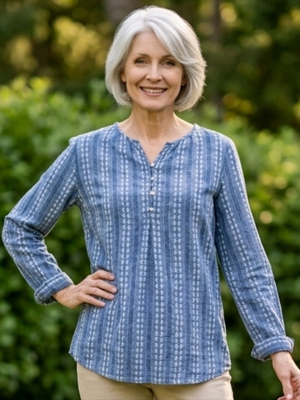 Women’s Blue Patterned Long-Sleeve Henley Top